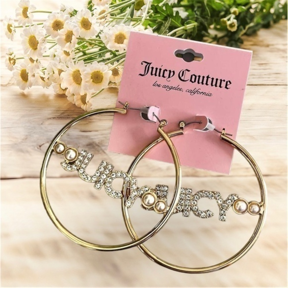 NWT JUICY COUTURE earrings hoop earrings logo embellished rhinestones faux pearl